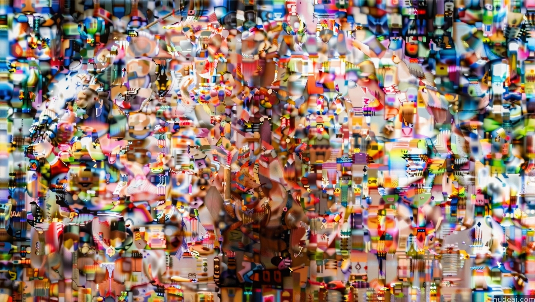araffes are standing in front of a wall of many different colored objects