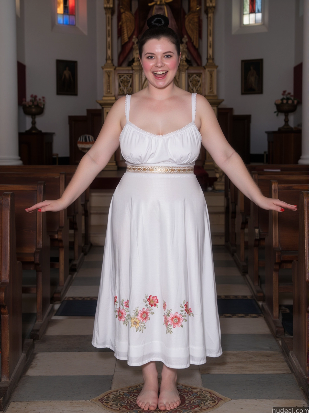 arafed woman in a white dress standing in a church