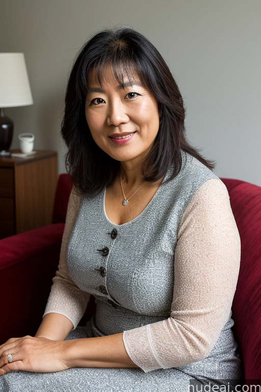 smiling woman sitting on a red couch in a room