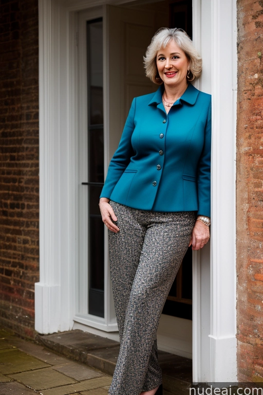 arafed woman in blue jacket and patterned pants leaning against a door