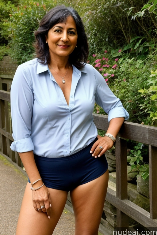 there is a woman in a blue shirt and black shorts posing for a picture
