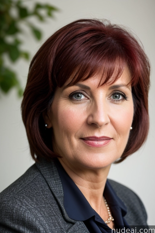 smiling woman with red hair and blue eyes wearing a gray jacket