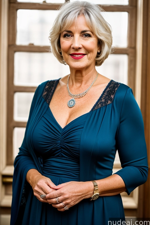 there is a woman in a blue dress posing for a picture