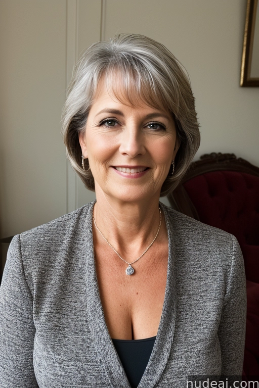 smiling woman in grey sweater sitting in red chair with necklace on