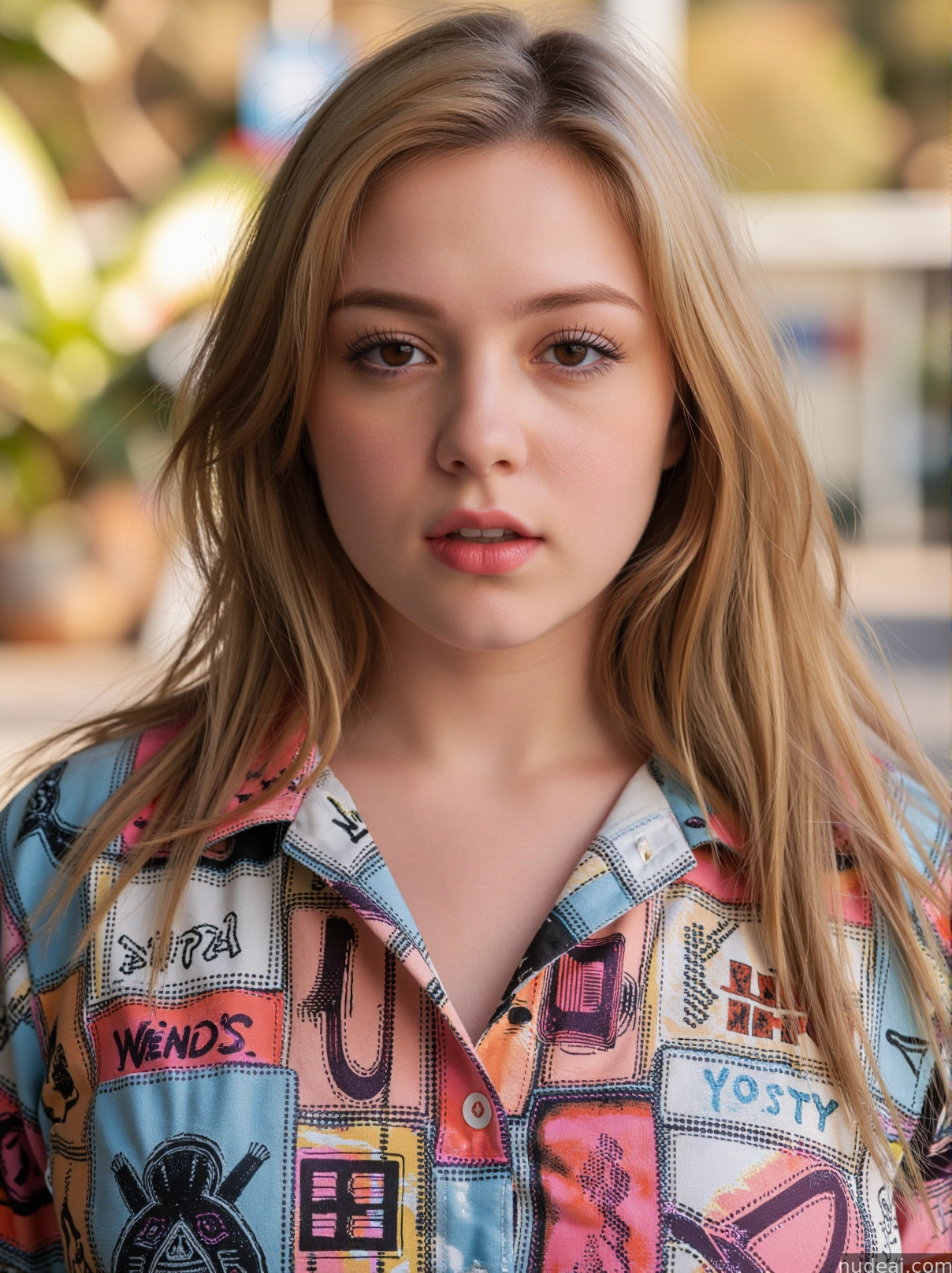blond woman with long hair wearing colorful shirt and looking at camera