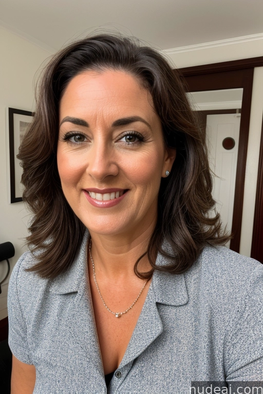 smiling woman with brown hair and a blue shirt in a room