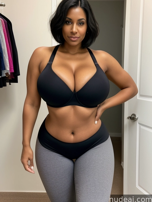 araffe woman in a black bra top and grey pants