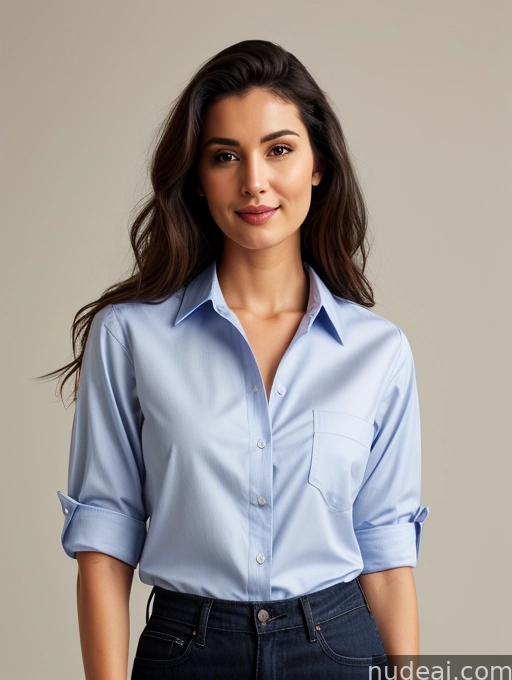 arafed woman in a blue shirt and jeans posing for a picture