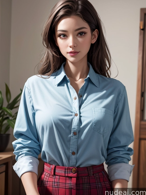 arafed woman in a blue shirt and red plaid skirt