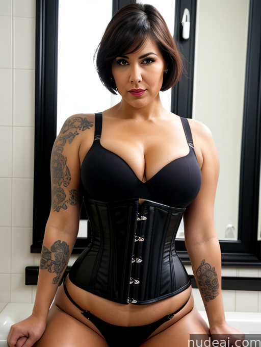 there is a woman in a black corset posing in a bathroom