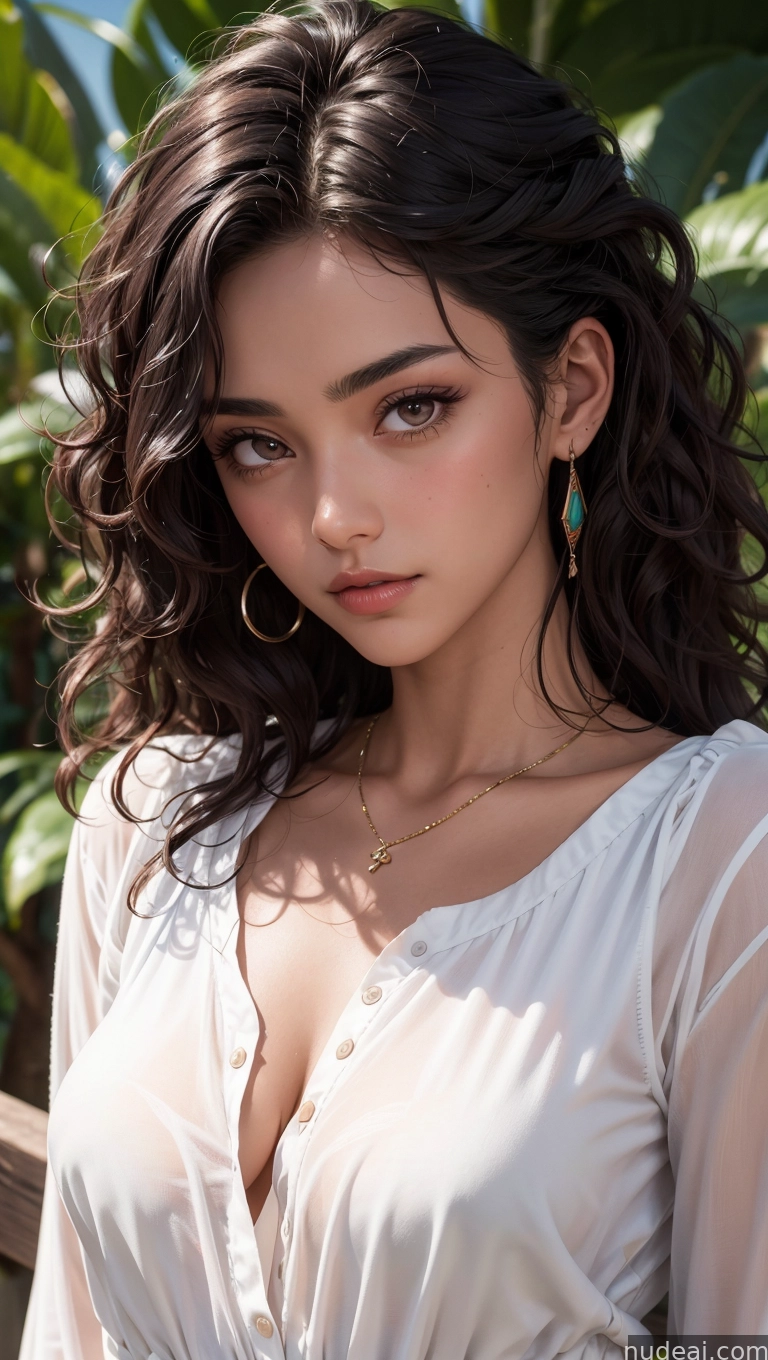 araffed woman with long dark hair wearing a white shirt