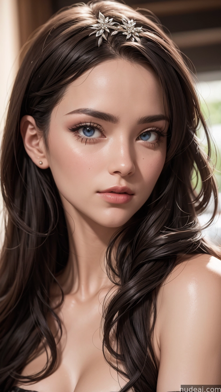 a close up of a woman with long hair wearing a tiable