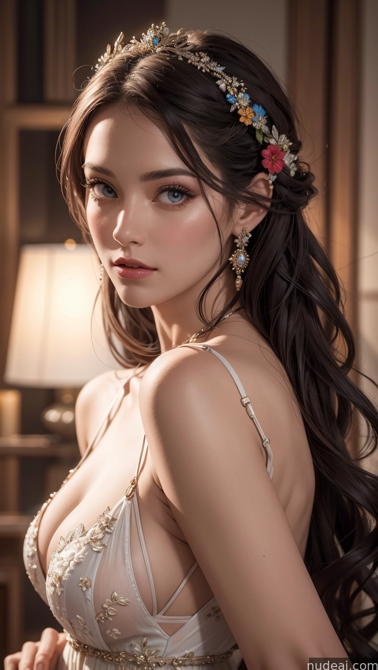 arafed woman in a white dress with a flower crown