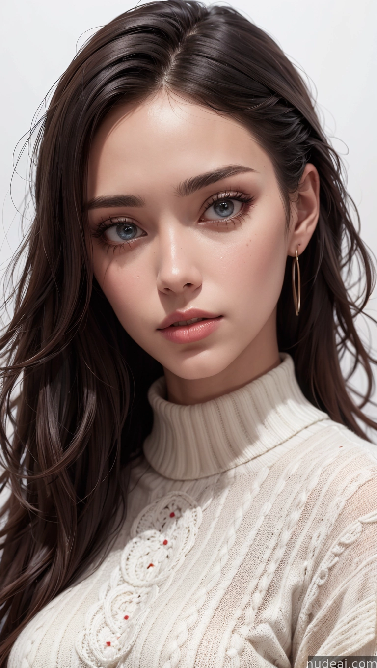 a close up of a woman with long hair wearing a turtle neck sweater