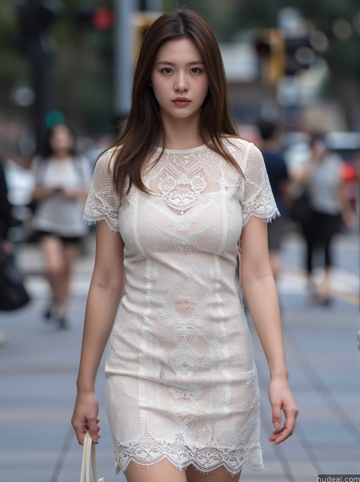 araffe woman in a white dress walking down a street