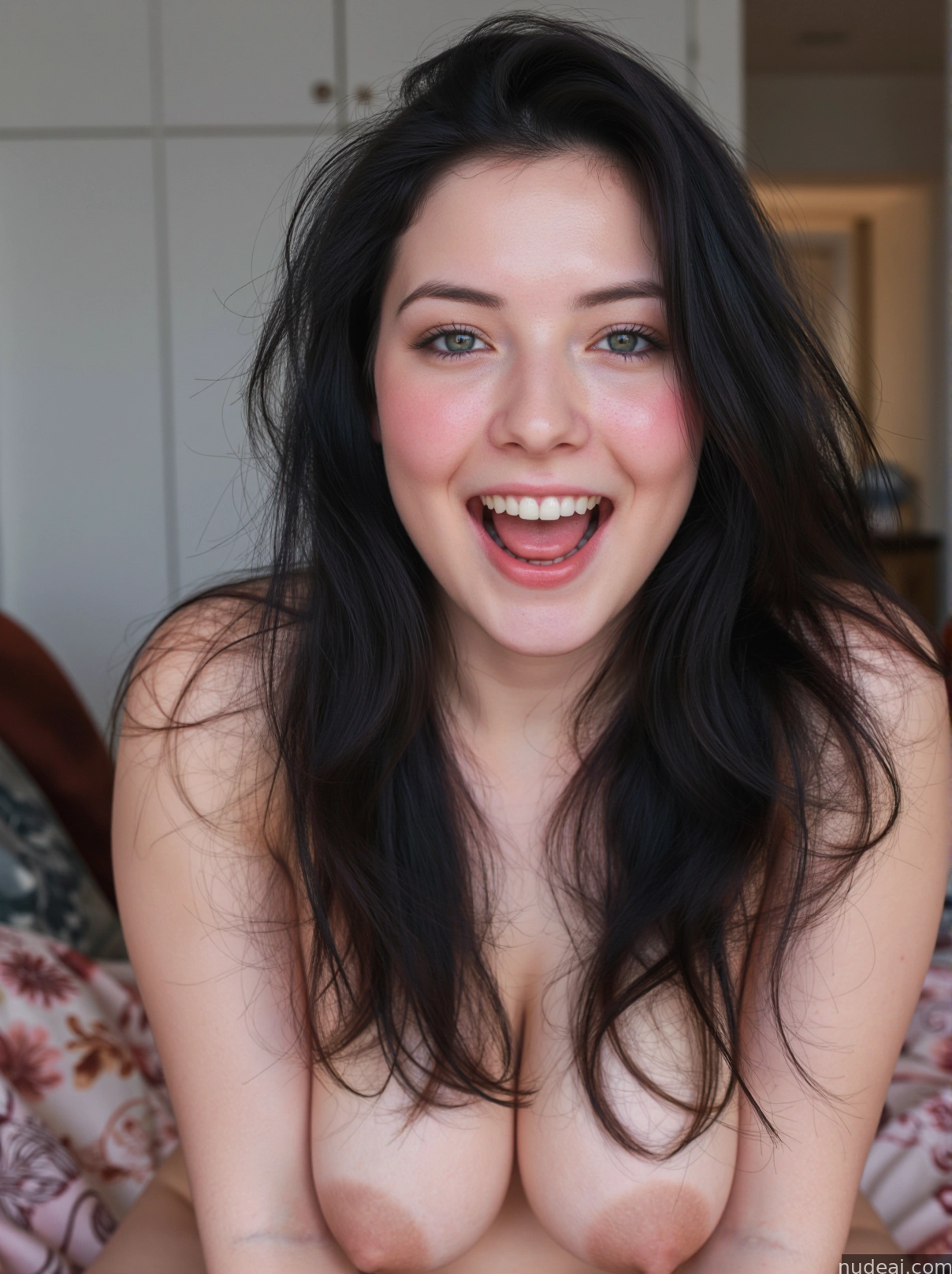 arafed woman with big tits sitting on a bed smiling