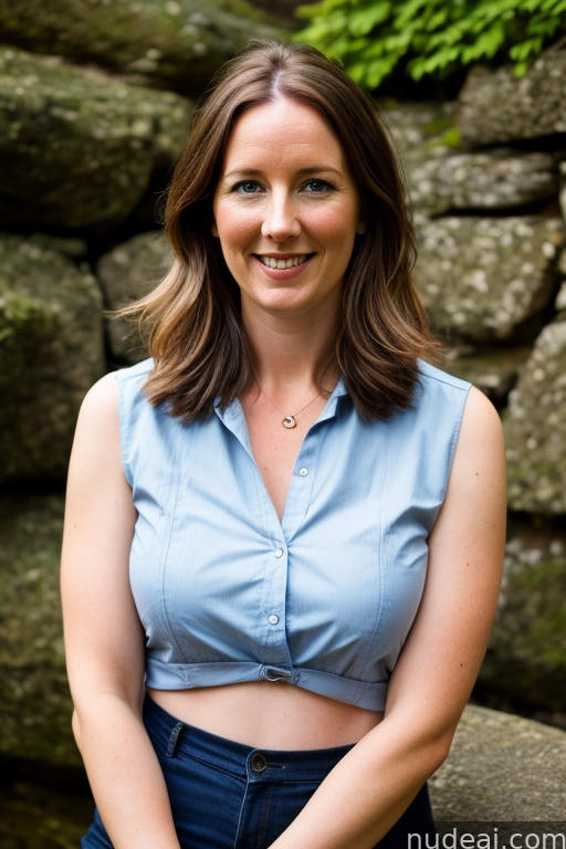 smiling woman in blue shirt and jeans sitting on a stone wall