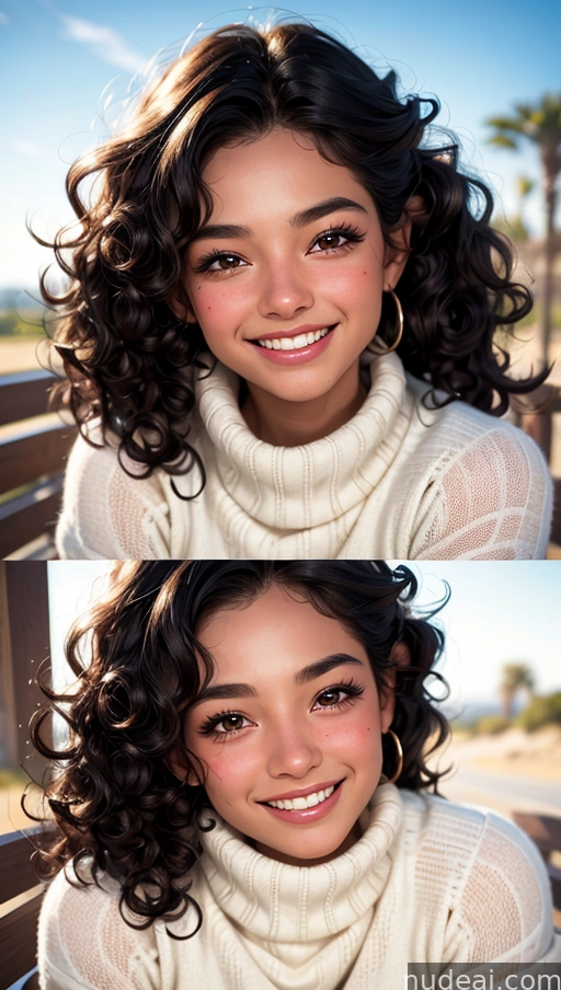there are two pictures of a girl with curly hair and a sweater