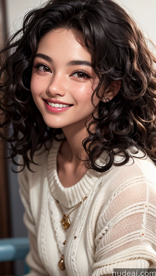 arafed woman with curly hair and a sweater smiling at the camera