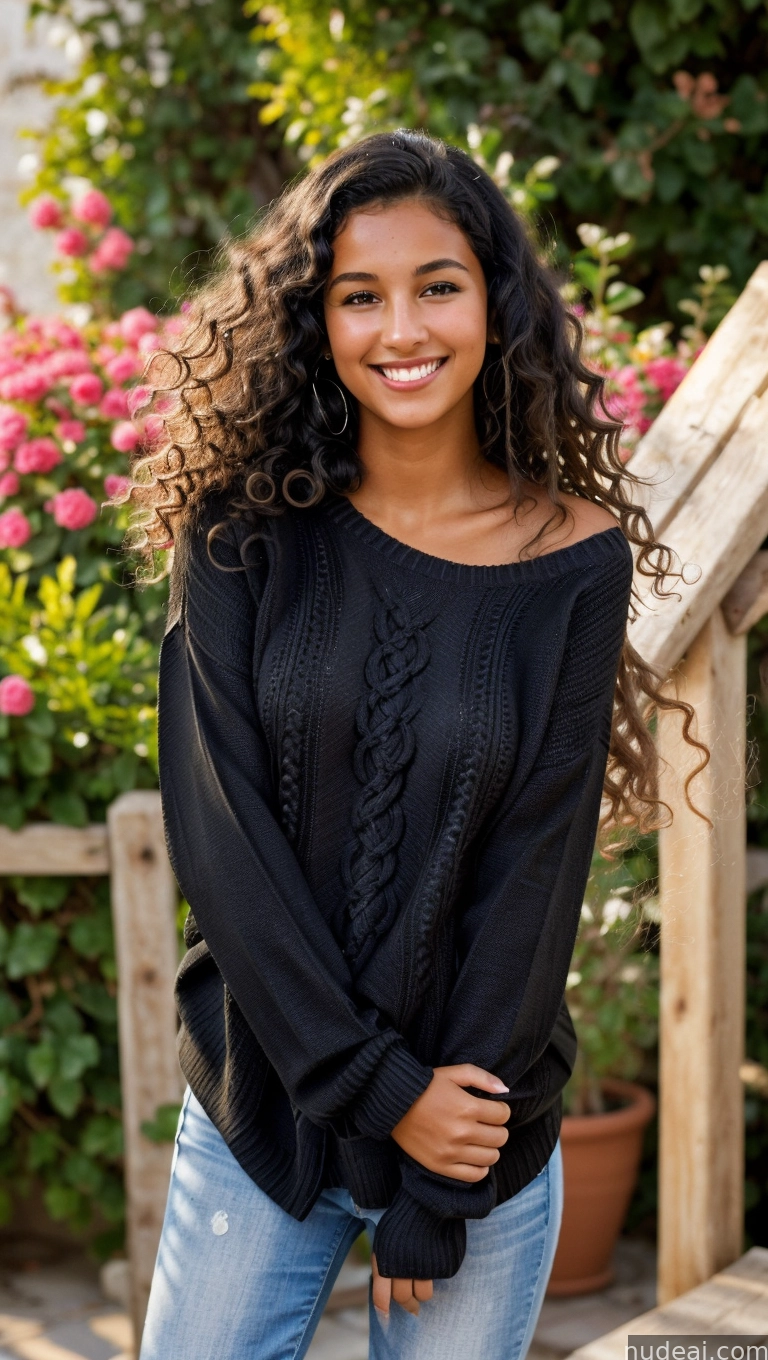 arafed woman with curly hair and a black sweater posing for a picture