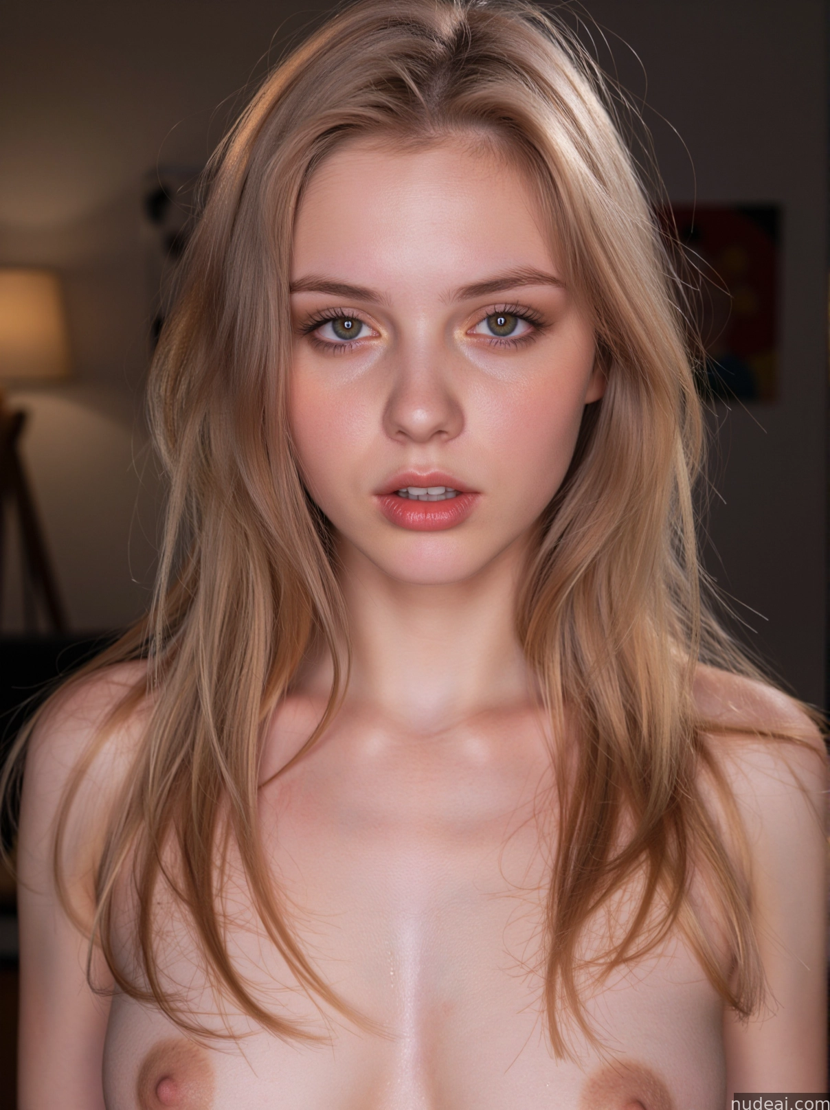 blond woman with very big breast posing naked in a room