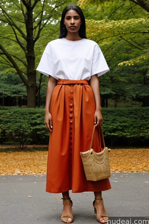 arafed woman in a white shirt and orange skirt holding a basket