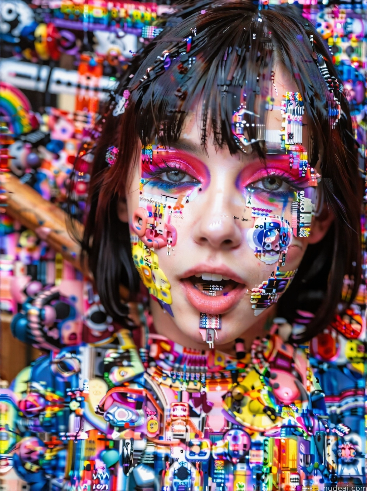 arafed woman with colorful makeup and a colorful dress with a lot of stickers on her face