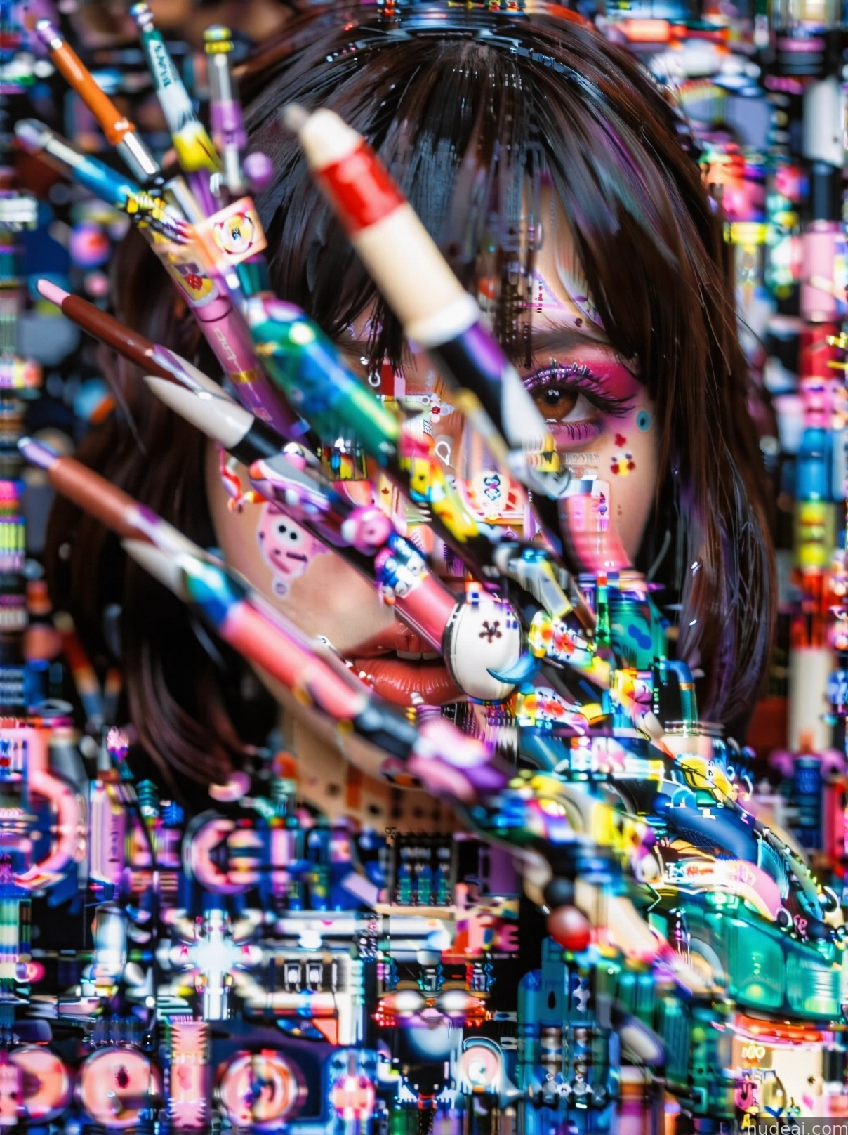 arafed woman with colorful makeup and makeup brushes in front of a wall of toothbrushes