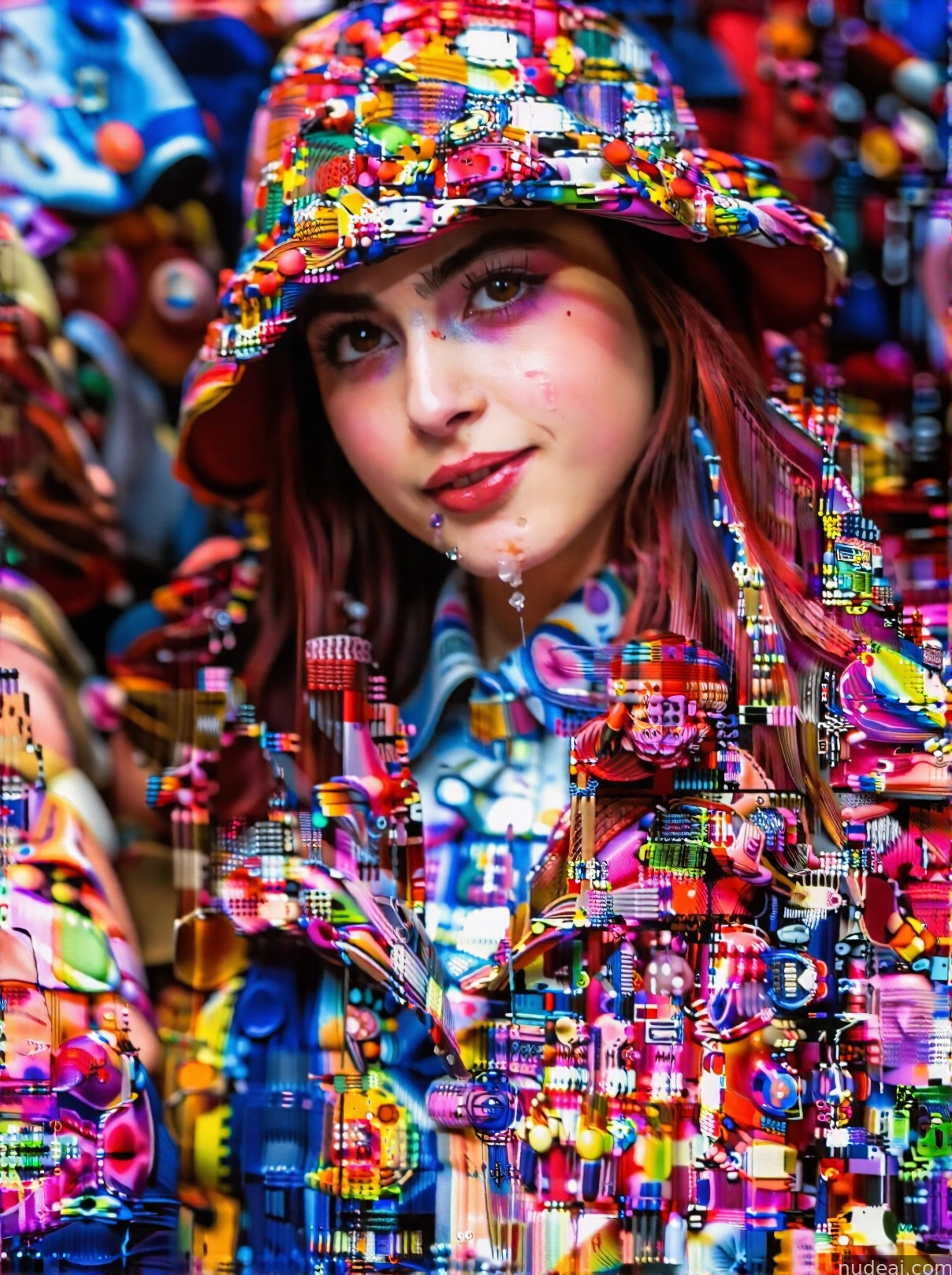 arafed image of a woman with a colorful hat and a colorful jacket