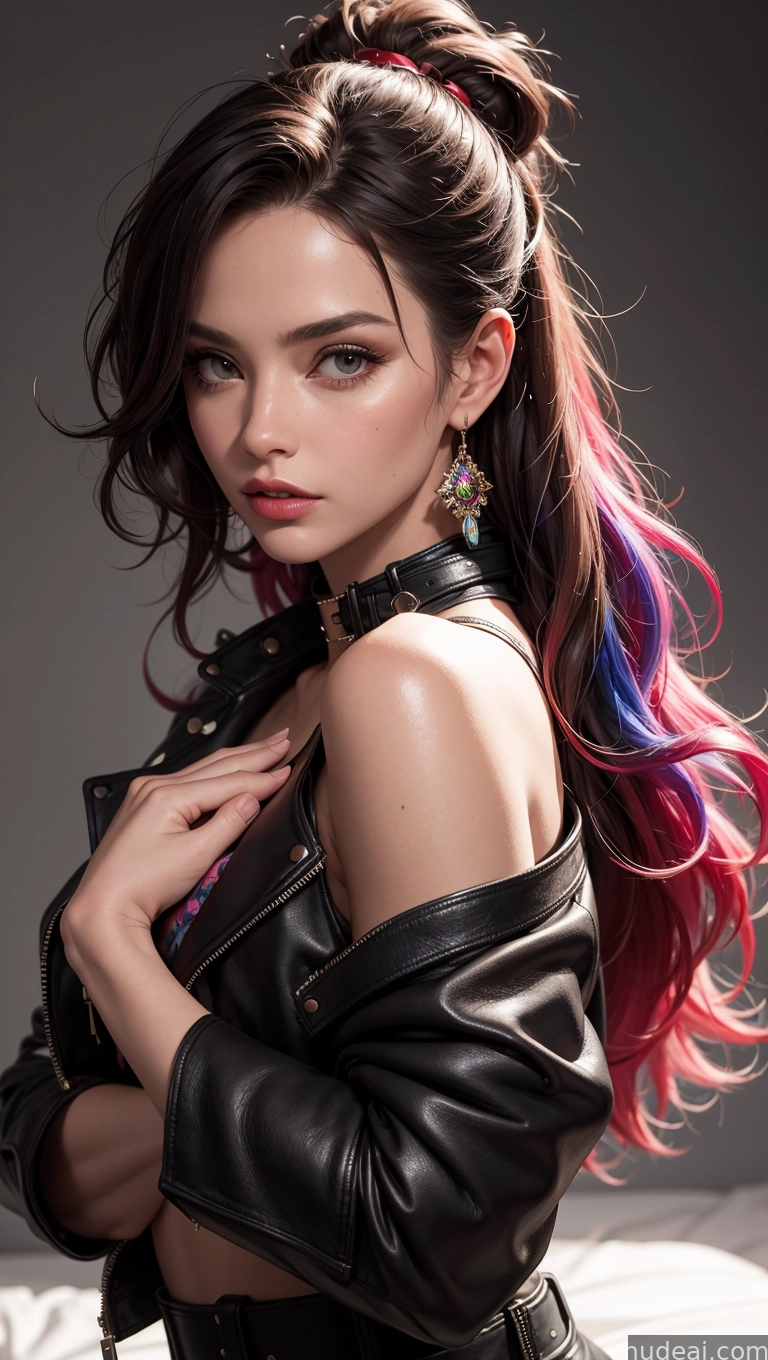 arafed woman with colorful hair and leather jacket posing for a picture