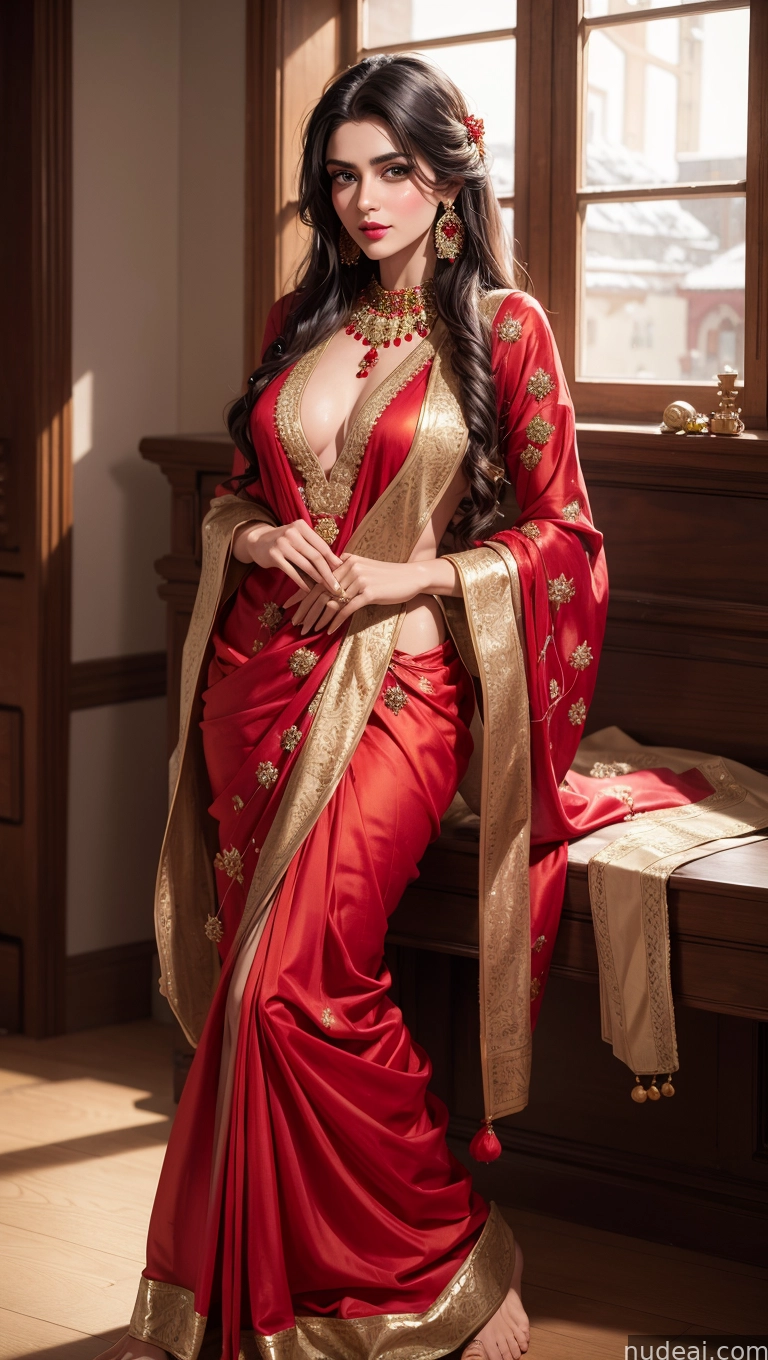 araffe woman in a red sari sitting on a bench