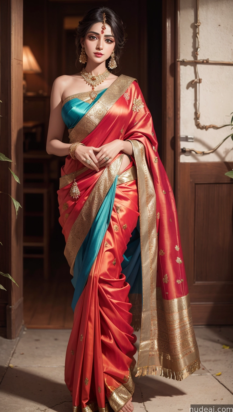 arafed woman in a red and blue sari standing in a doorway