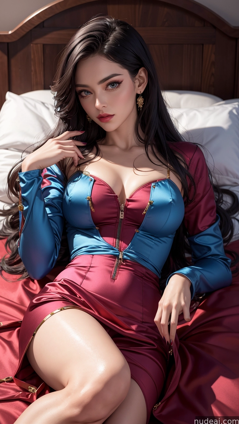 araffed woman in a red and blue dress laying on a bed