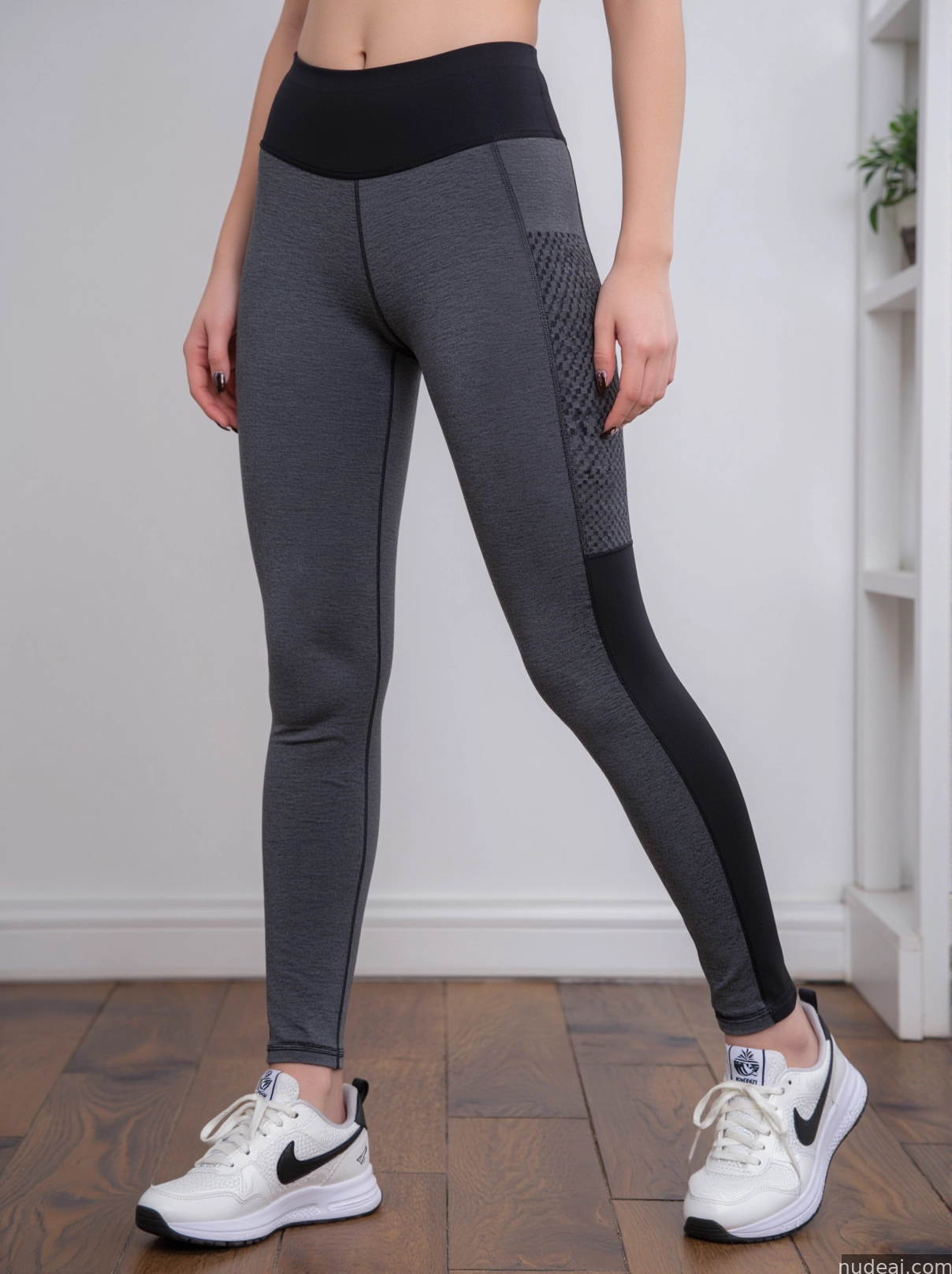 arafed woman in a sports bra top and leggings stands on a hardwood floor