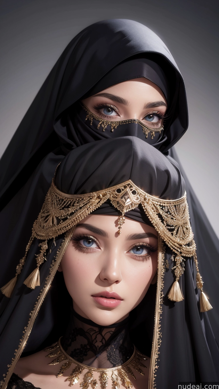a close up of a woman wearing a black veil and a gold necklace