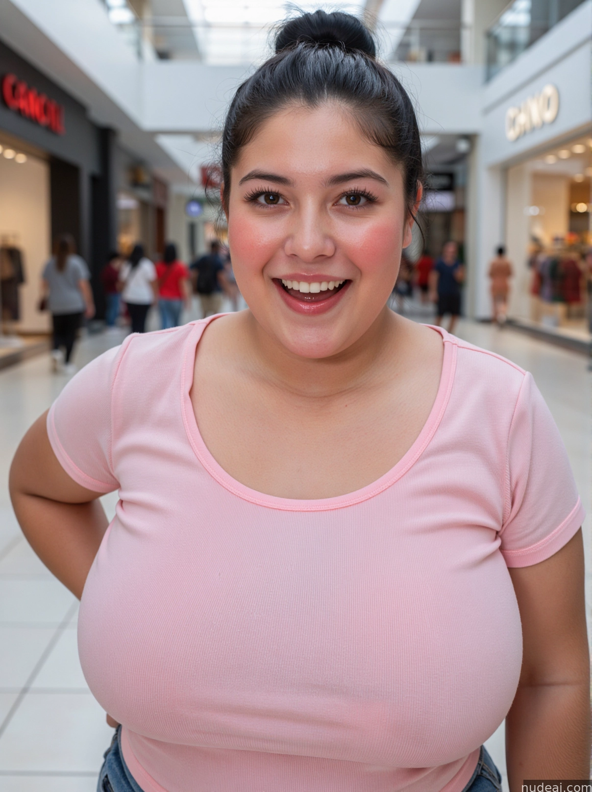 there is a woman in a pink shirt and jeans standing in a mall