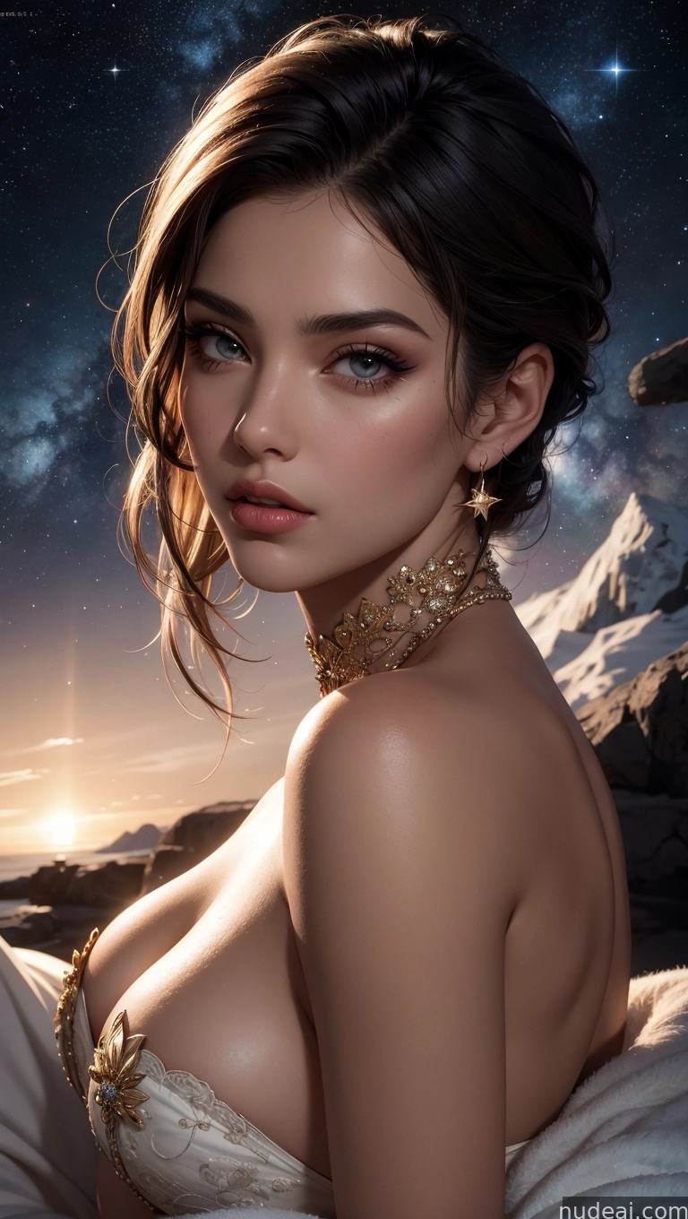 a close up of a woman in a dress on a bed