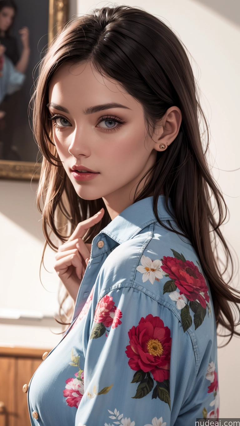 arafed woman in a blue floral shirt posing for a picture