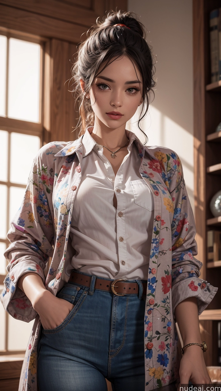 arafed woman in a floral jacket and jeans posing for a picture