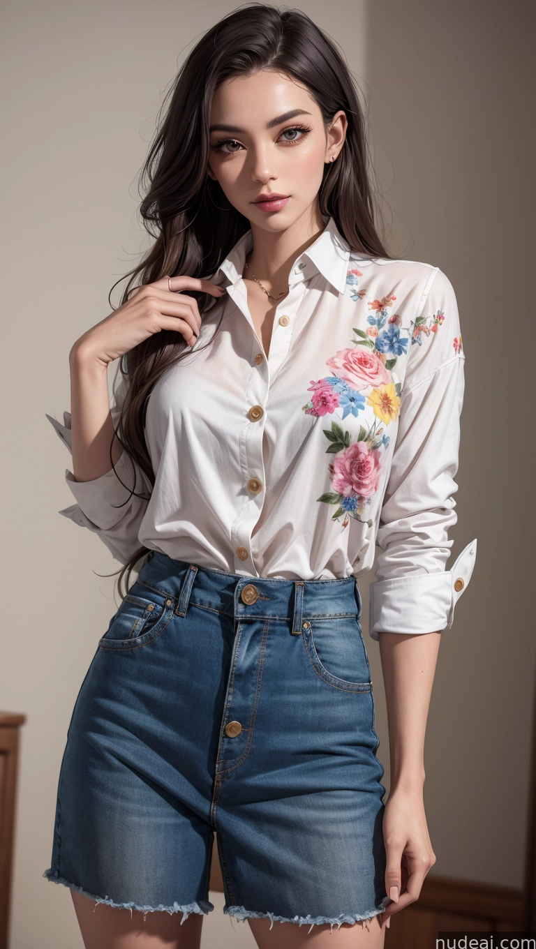 arafed woman in a white shirt and denim shorts posing for a picture