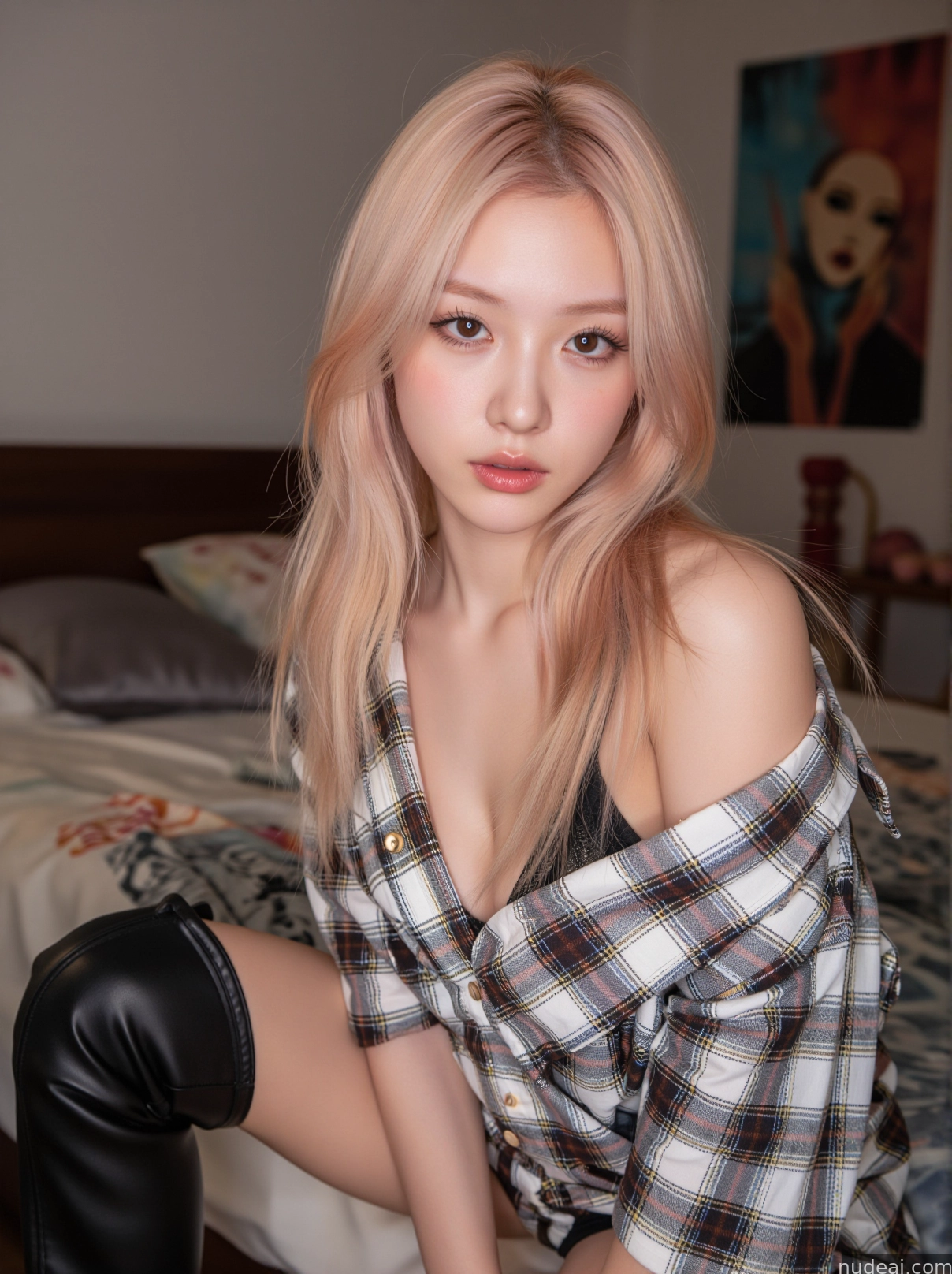 blond woman in plaid shirt and thigh high boots posing on bed