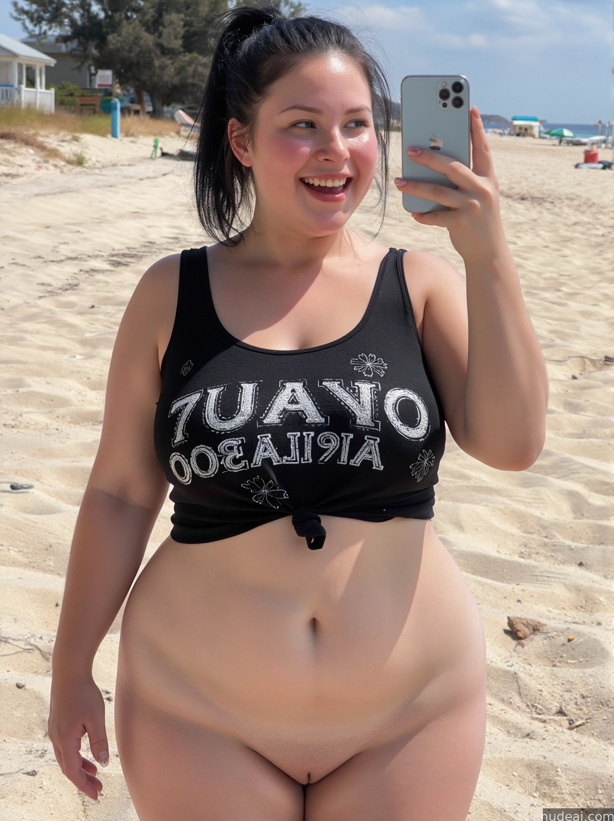 arafed woman taking a selfie on the beach with her cell phone