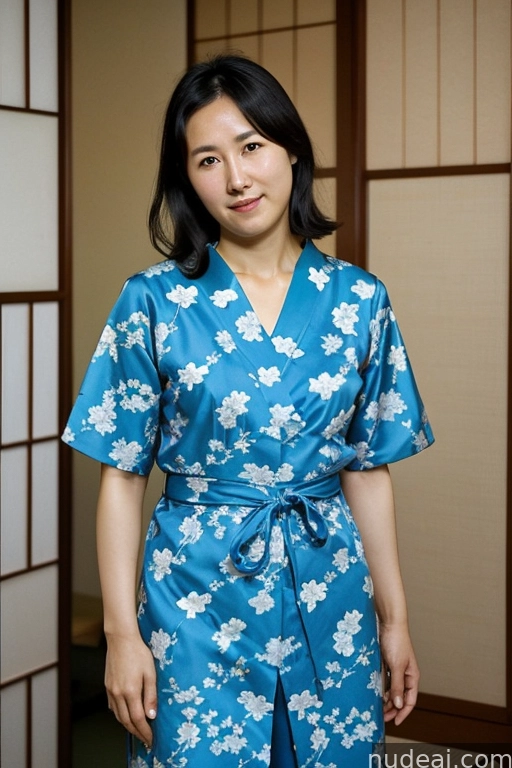 arafed woman in a blue robe standing in a room