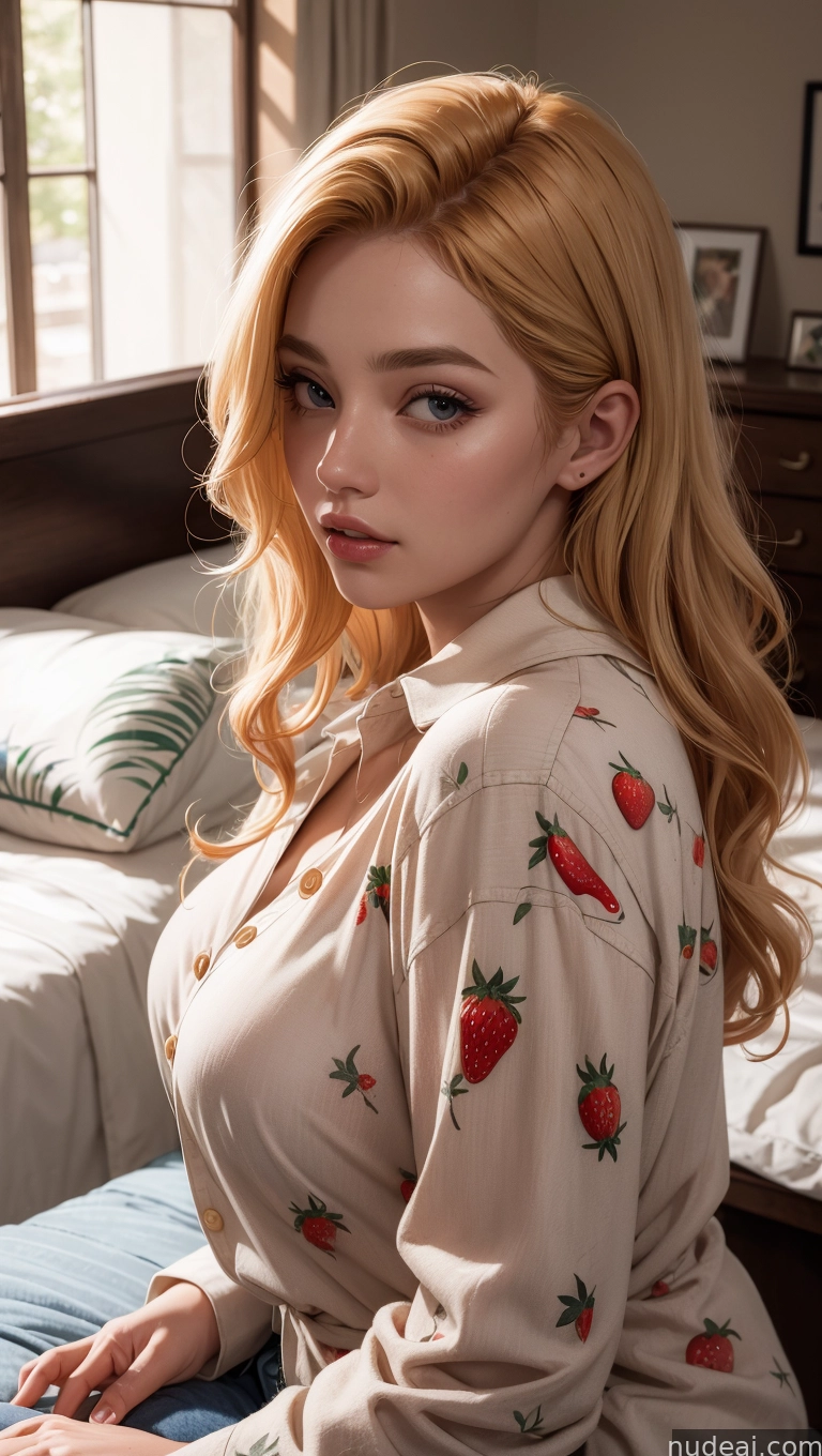 blonde woman with long hair sitting on a bed in a bedroom