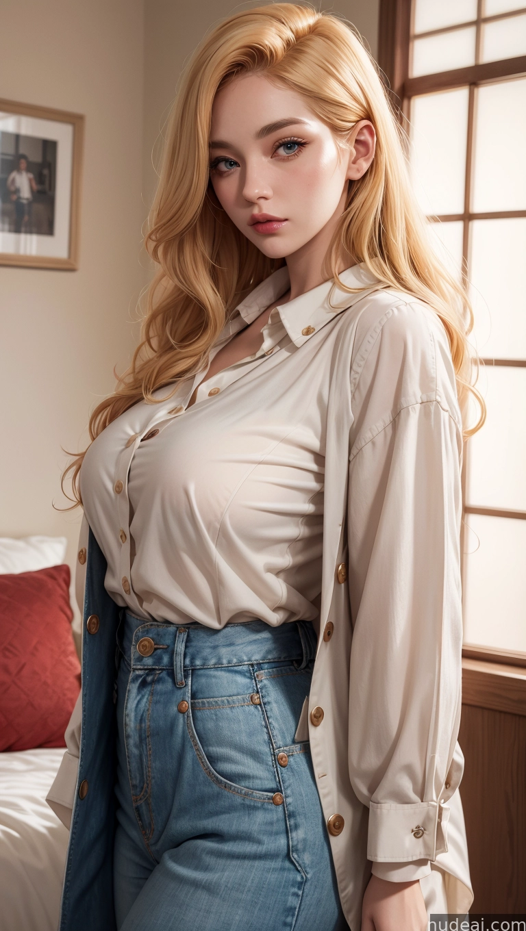 blonde woman with long hair wearing a white shirt and jeans