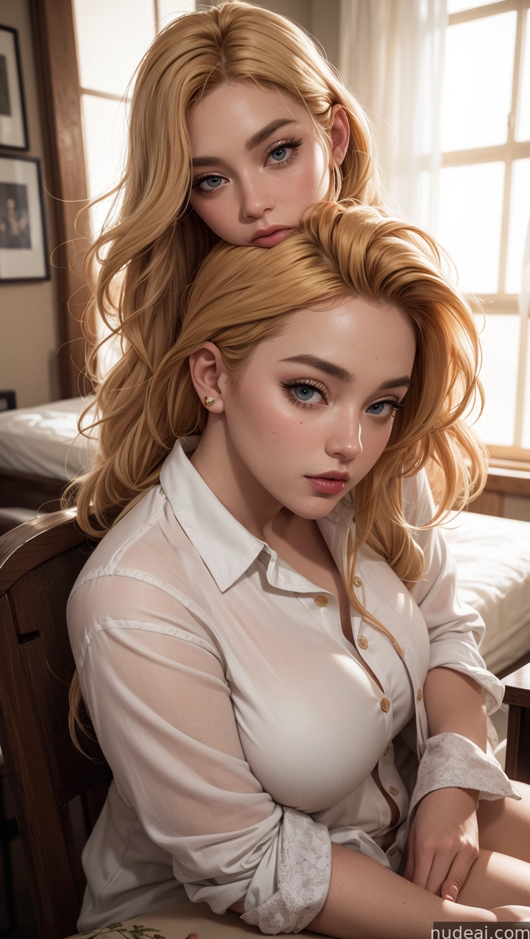 blonde haired woman sitting on a bed next to another woman