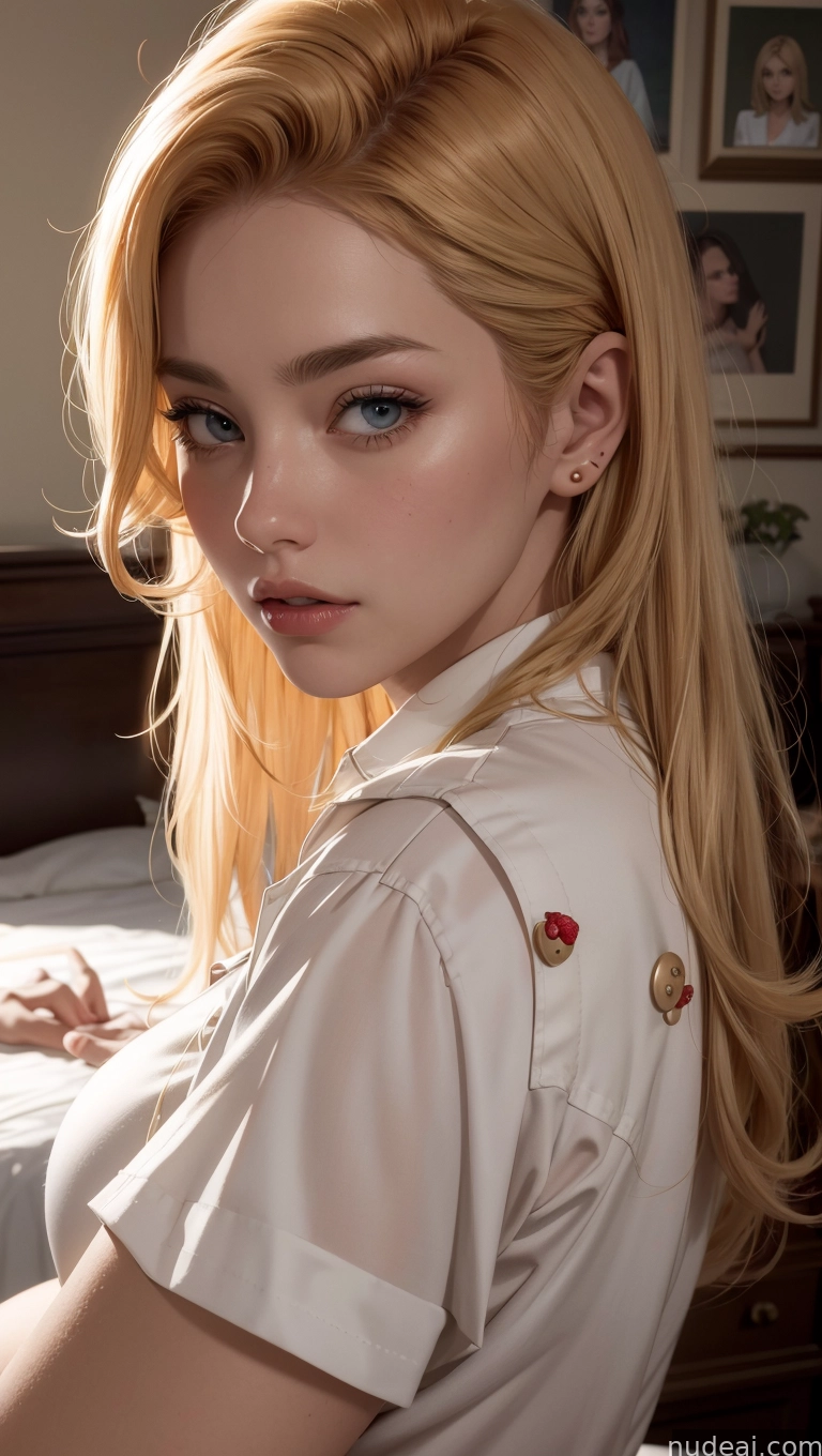 blond woman with blue eyes and a white shirt on a bed