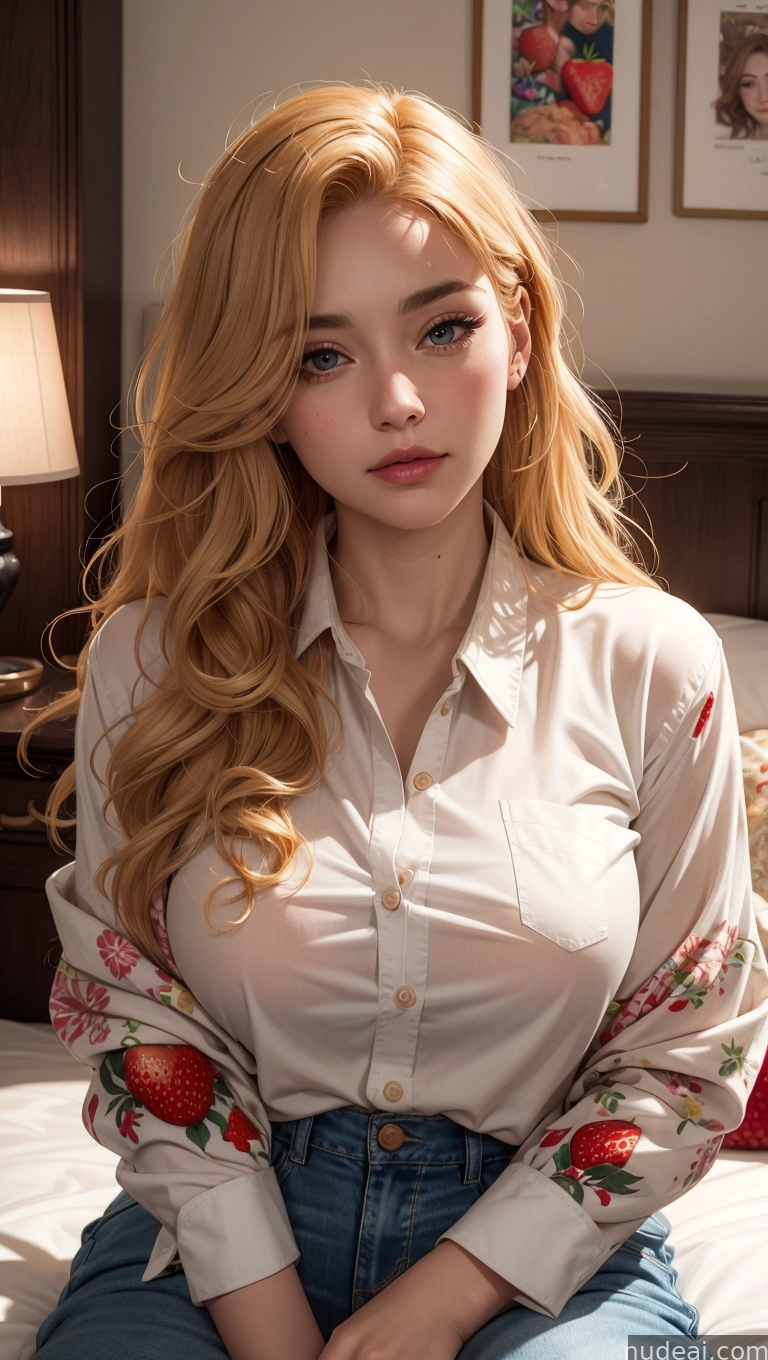blonde woman with long hair sitting on bed in bedroom with lamp