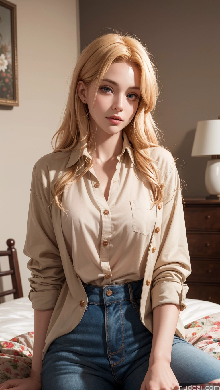 blonde woman sitting on a bed in a tan shirt and jeans