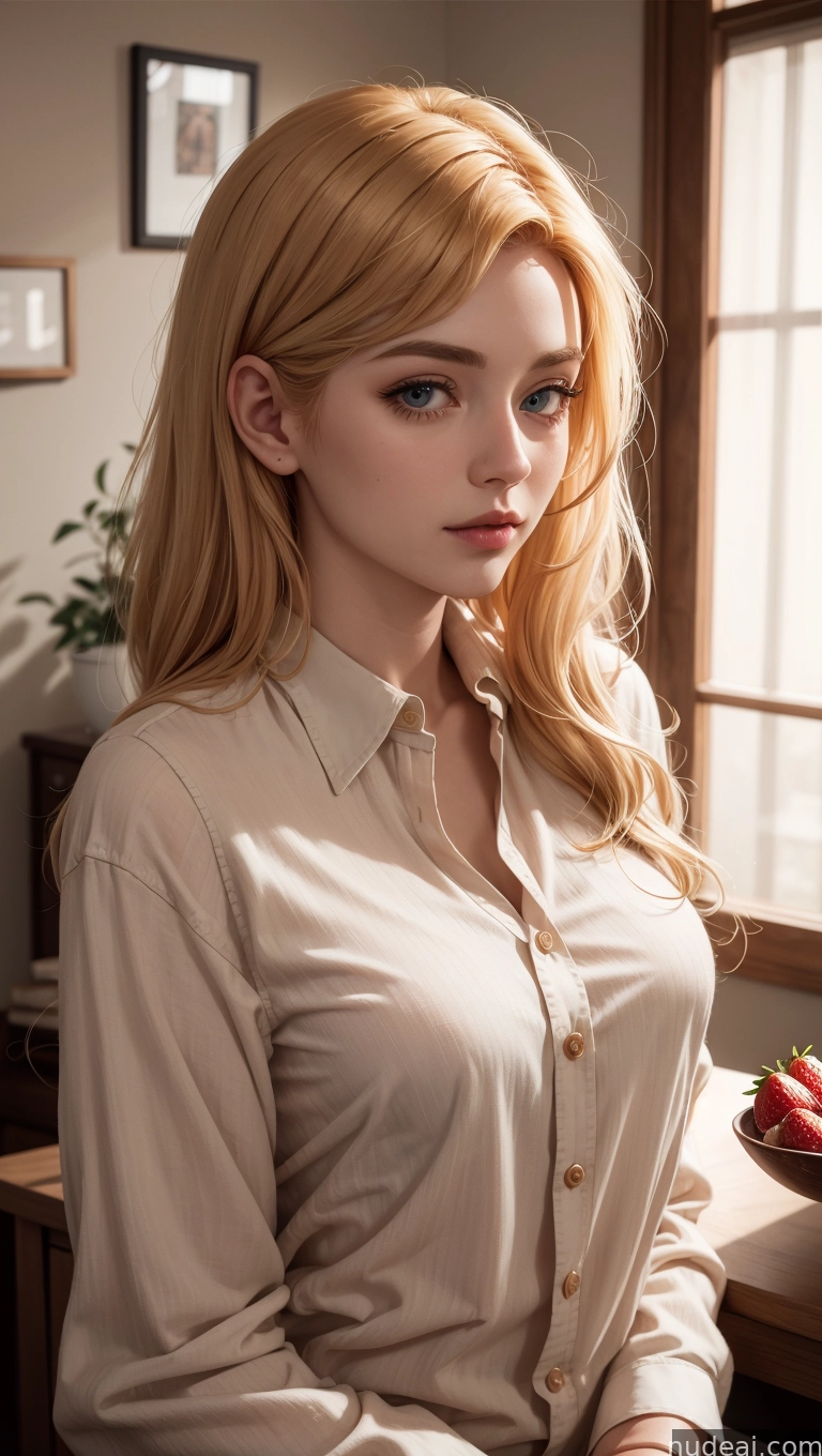 blond woman with blue eyes and long hair sitting in front of a window